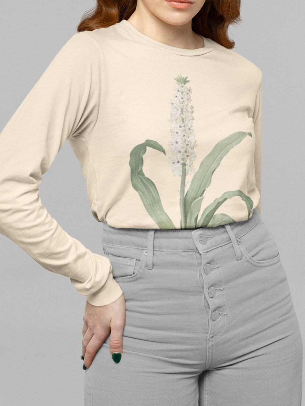 Pineapple Lily Vintage Floral Print Long Sleeve Graphic Tee T-shirt S-XXL